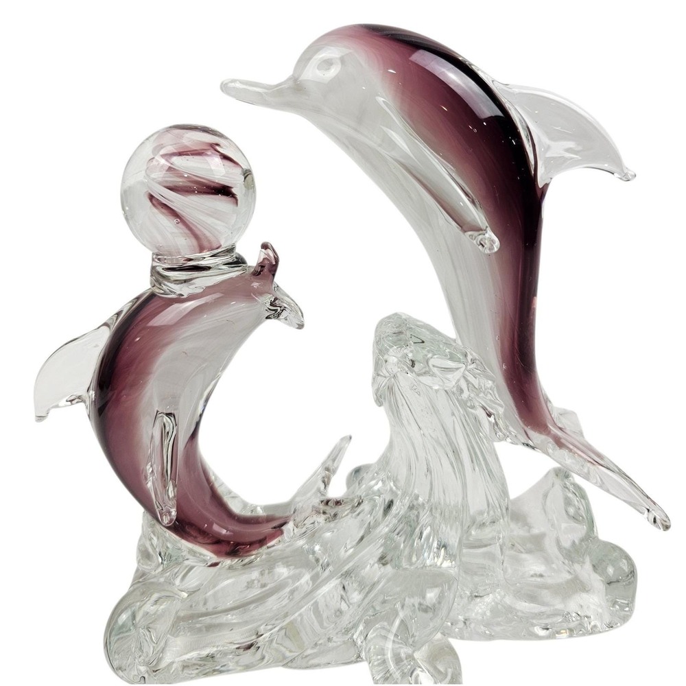 Murano Style Blown Art Glass Dolphin Sculpture Purple White Swirl Waves Figurine
